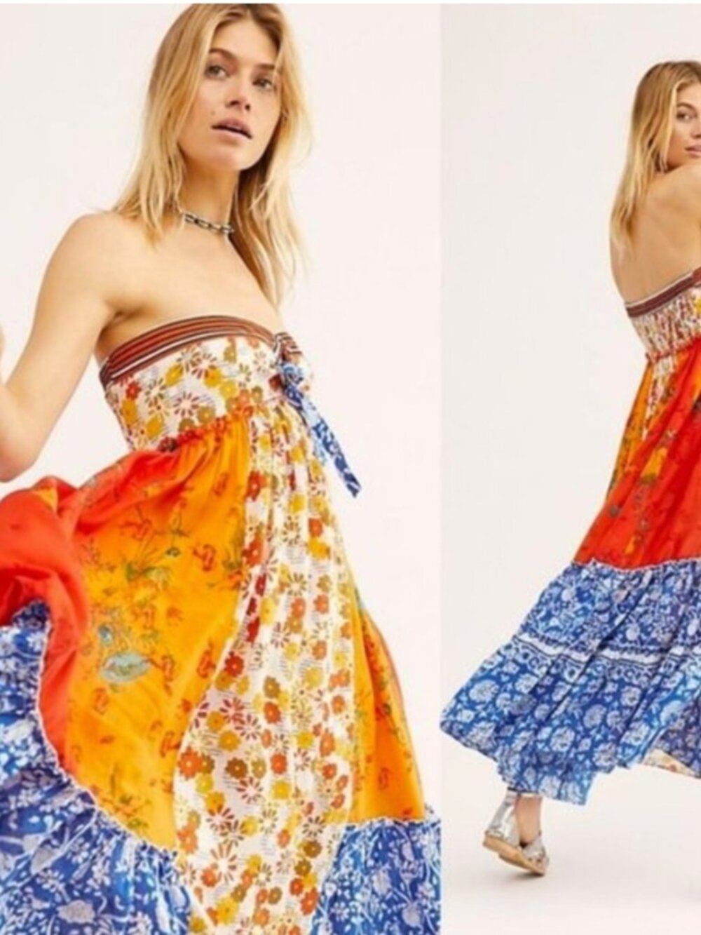 Free People Golden Dreams Maxi Dress XS Strapless Floral Patchwork Boho NWOT